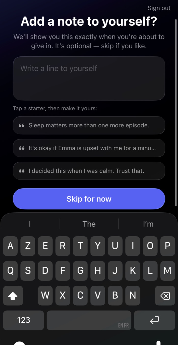 Rulely's setup screen asking for an optional note to yourself, shown at the moment you're about to give in.